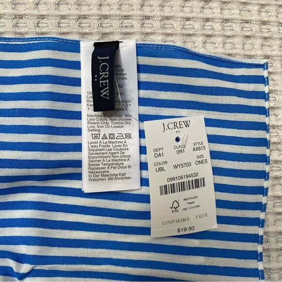 J.Crew Factory Banker Stripe Cotton Bandana Blue White Square Scarf NWT - Picture 4 of 5
